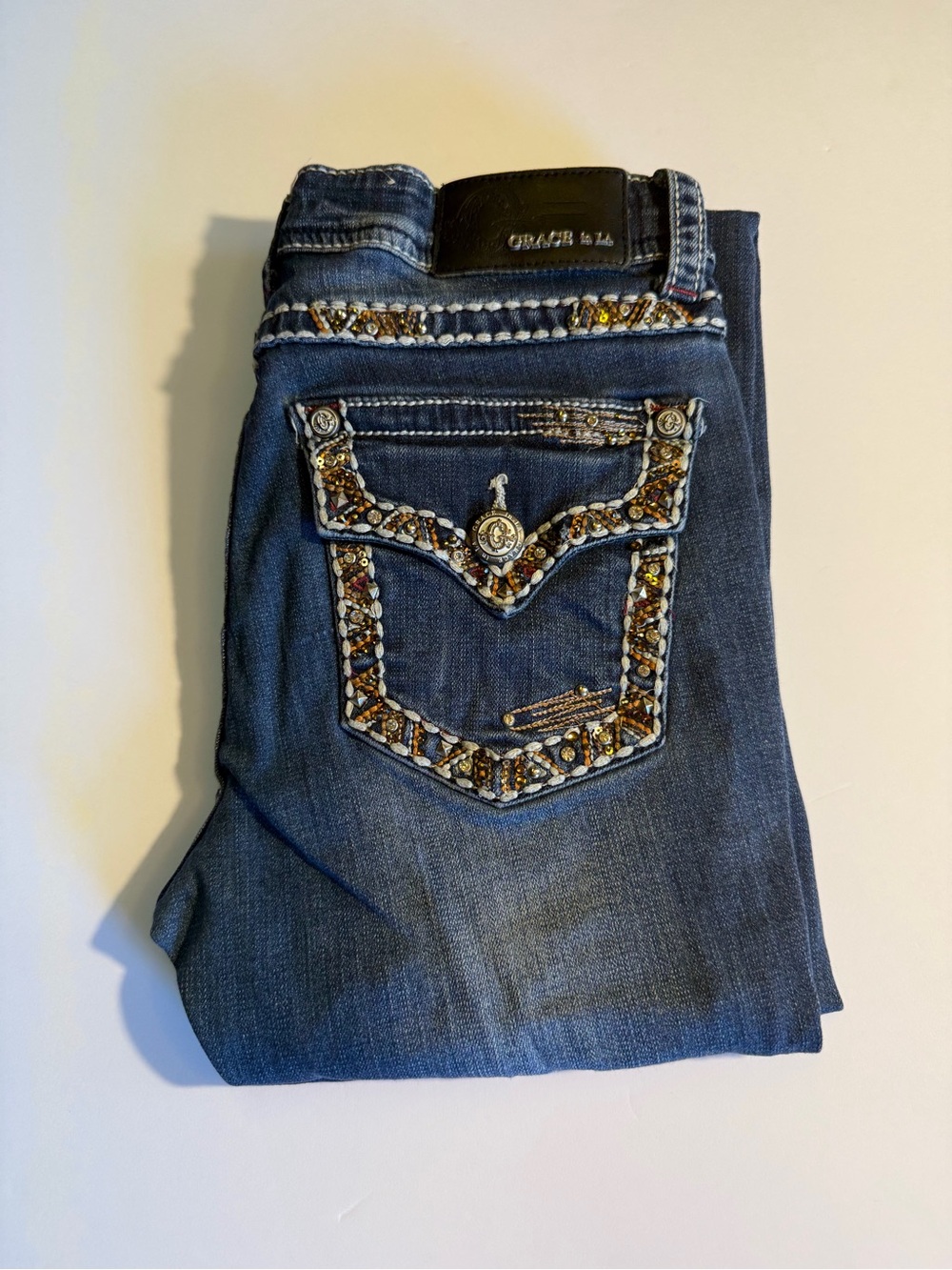Grace in LA Easy Fit Dark Wash Rhinestone Flap Pocket Jeans Size 27